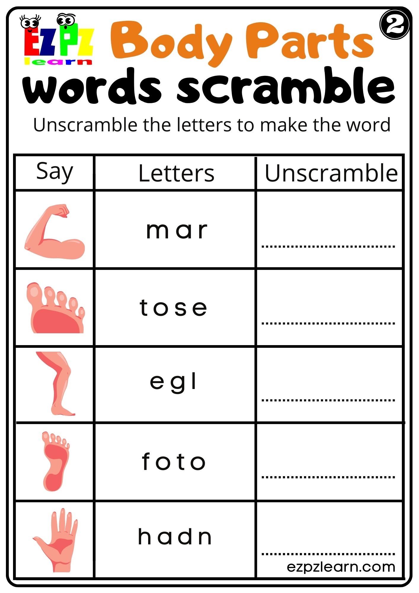 Body Parts Word Scramble Worksheets for Kids and ESL PDF Download set 2